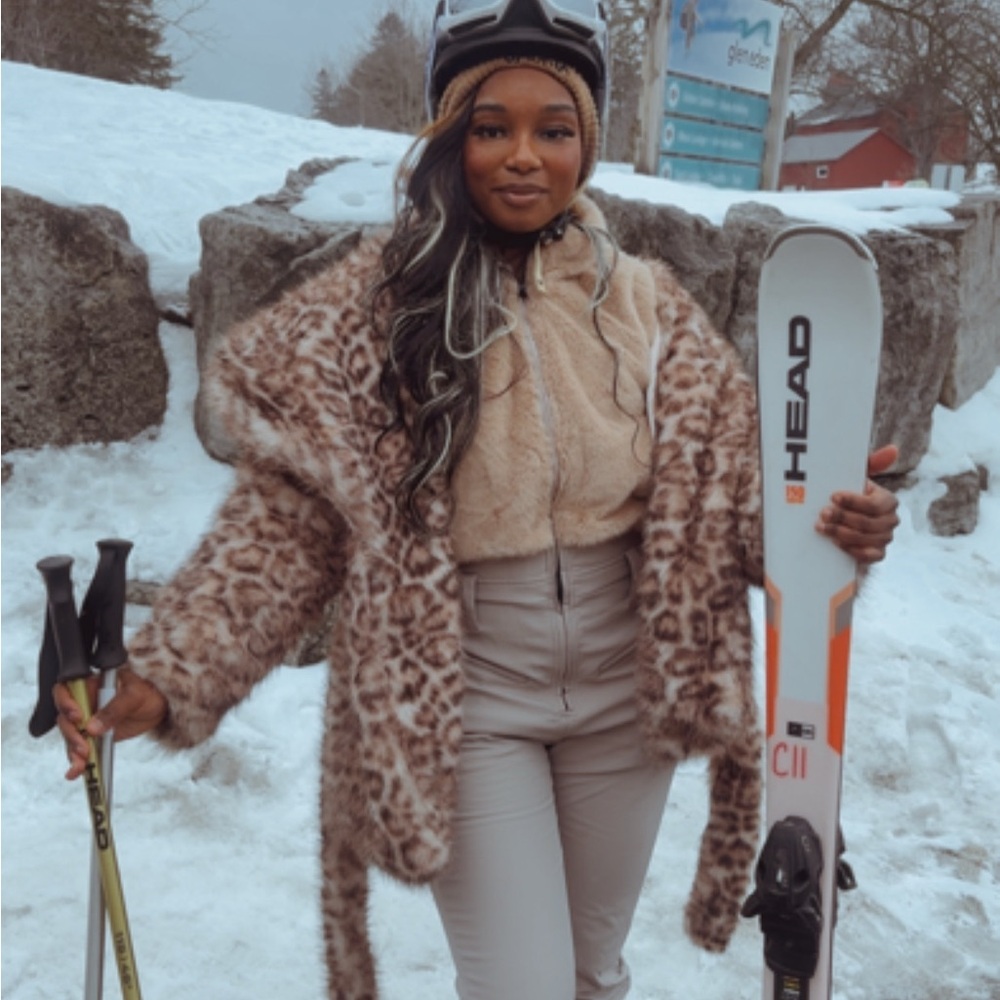 Fashion Nova Leopard Faux Fur Ski Jacket in Beige and Brown